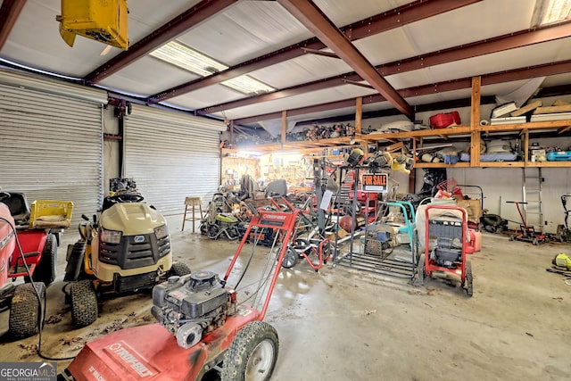 garage with a workshop area