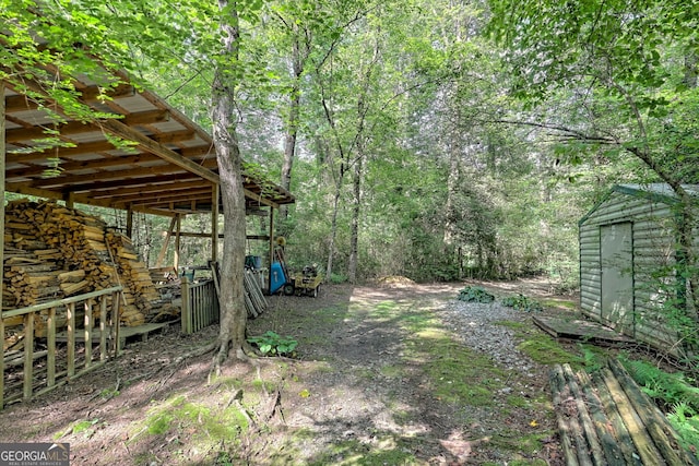 view of yard with a storage unit