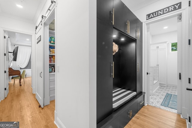 interior space with light hardwood / wood-style floors and a barn door