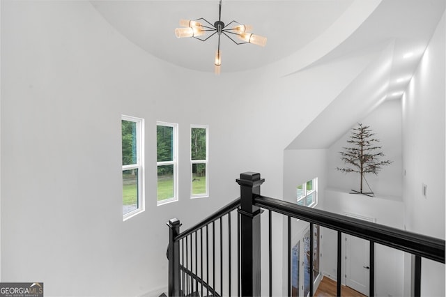 staircase with wood-type flooring and a chandelier