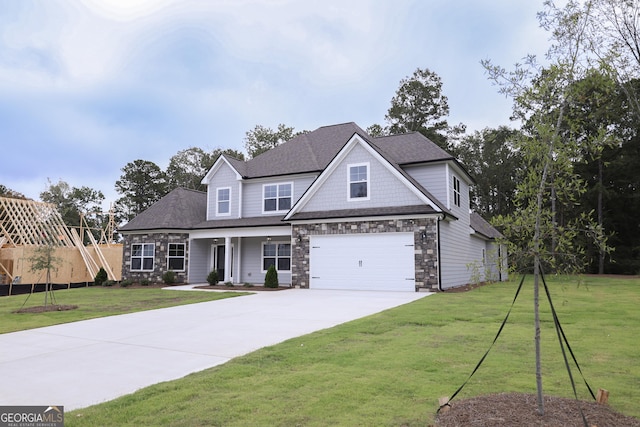 craftsman-style home with a porch, a front yard, and a garage