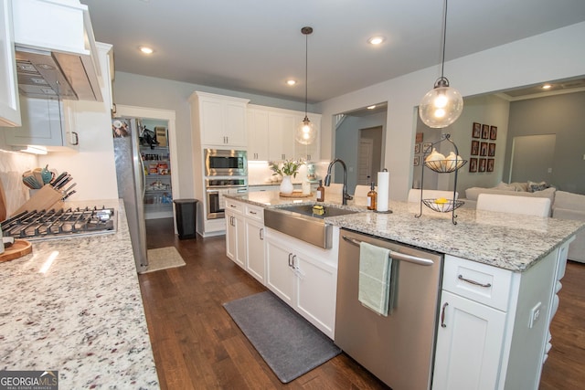 kitchen with dark wood-type flooring, white cabinets, sink, an island with sink, and stainless steel appliances