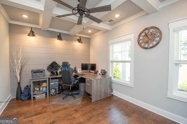 office featuring beamed ceiling, plenty of natural light, dark wood-type flooring, and coffered ceiling