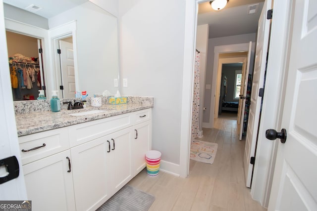 bathroom with vanity and wood-type flooring