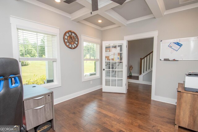 office space with ceiling fan, beamed ceiling, dark wood-type flooring, and coffered ceiling