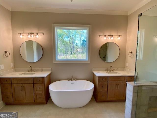 full bathroom featuring two vanities, a freestanding bath, and a sink