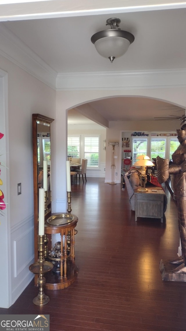 corridor with ornamental molding and dark hardwood / wood-style floors