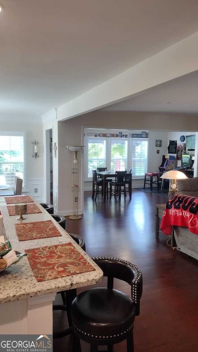 living room featuring a healthy amount of sunlight and dark hardwood / wood-style floors