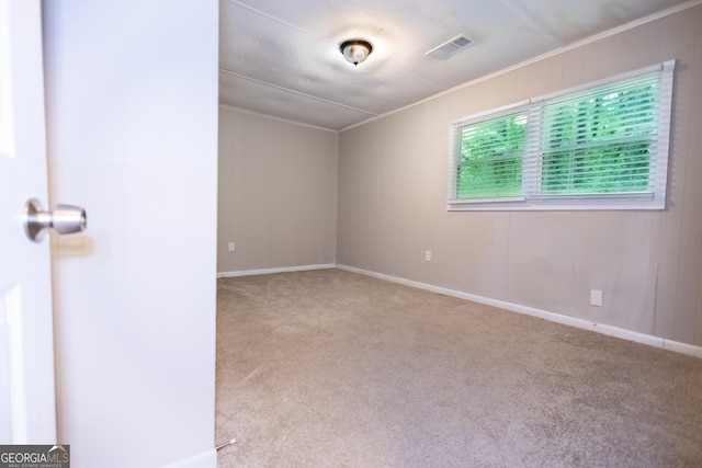 spare room with light carpet and ornamental molding