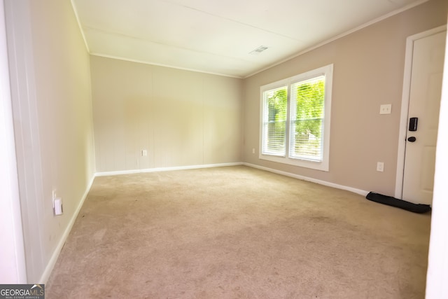 carpeted empty room featuring crown molding