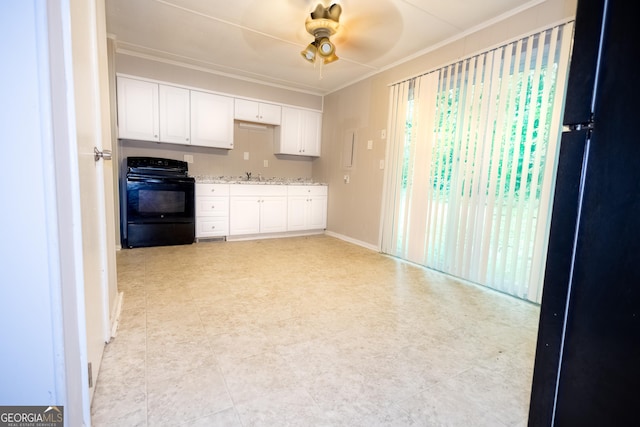 kitchen with crown molding, white cabinets, black appliances, and ceiling fan