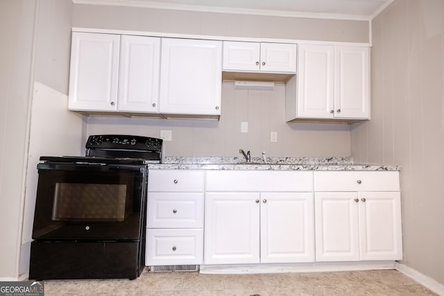 kitchen with light stone countertops, black electric range oven, crown molding, white cabinetry, and light tile patterned flooring