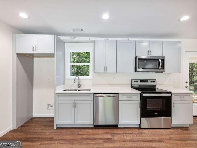 kitchen with appliances with stainless steel finishes, sink, a wealth of natural light, and hardwood / wood-style floors