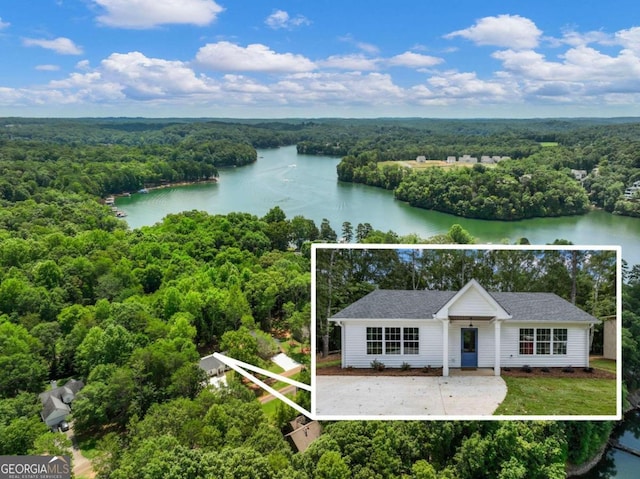 drone / aerial view featuring a water view