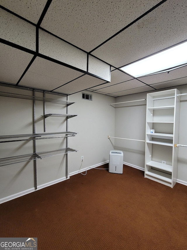 basement featuring a paneled ceiling and carpet floors