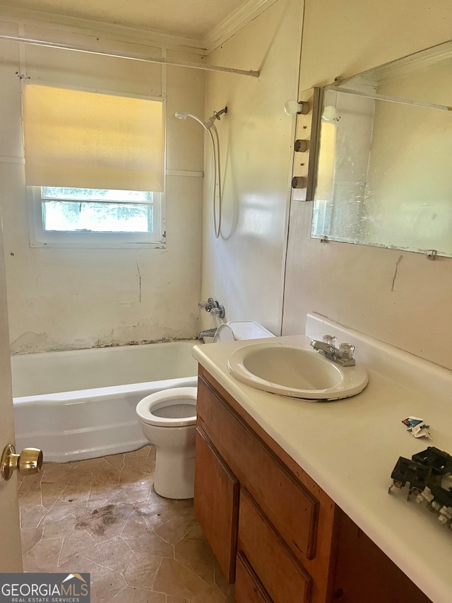 full bathroom with toilet, shower / washtub combination, tile patterned floors, ornamental molding, and vanity