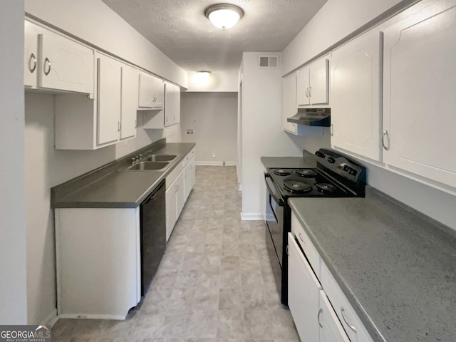 1472 Pine Log Rd NE, Conyers, GA 30012 - kitchen with black appliances, under cabinet range hood, a textured ceiling, white cabinets, and dark countertops