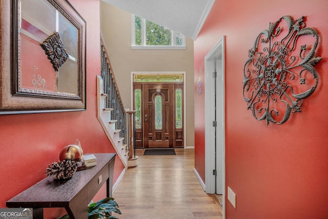 foyer entrance featuring lofted ceiling and light hardwood / wood-style floors