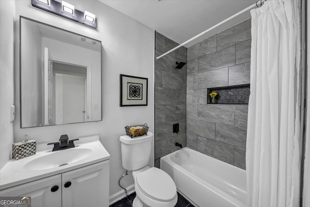 full bathroom with shower / bath combo with shower curtain, toilet, and vanity