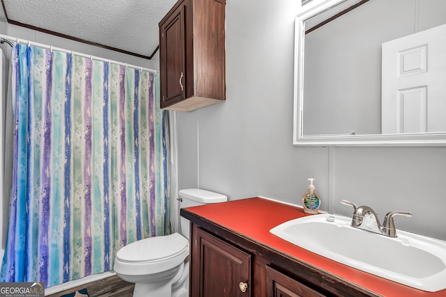 bathroom with toilet, a textured ceiling, curtained shower, and vanity