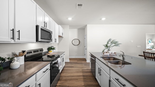 kitchen featuring sink, stainless steel appliances, dark hardwood / wood-style floors, and white cabinets