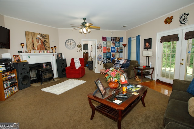 living room with french doors, ceiling fan, and ornamental molding