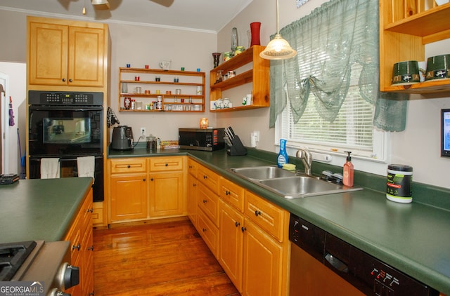 kitchen with hardwood / wood-style floors, sink, black double oven, dishwashing machine, and ornamental molding