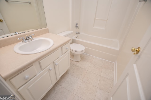 full bathroom featuring vanity, toilet,  shower combination, and tile patterned flooring