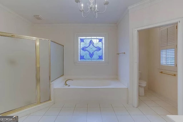 bathroom featuring tile patterned floors, shower with separate bathtub, crown molding, and toilet