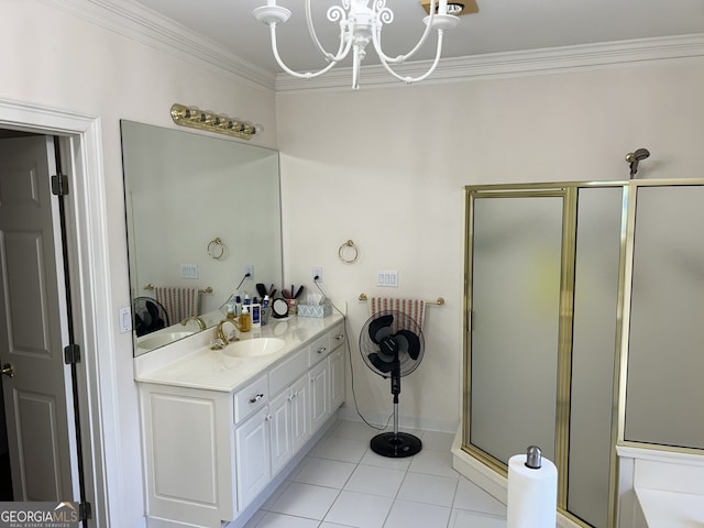 bathroom featuring tile patterned flooring, an inviting chandelier, an enclosed shower, vanity, and ornamental molding