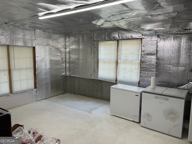 basement with refrigerator