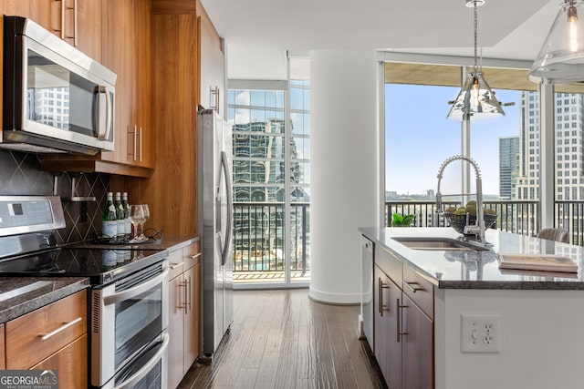 kitchen featuring backsplash, a kitchen island with sink, sink, a wall of windows, and stainless steel appliances