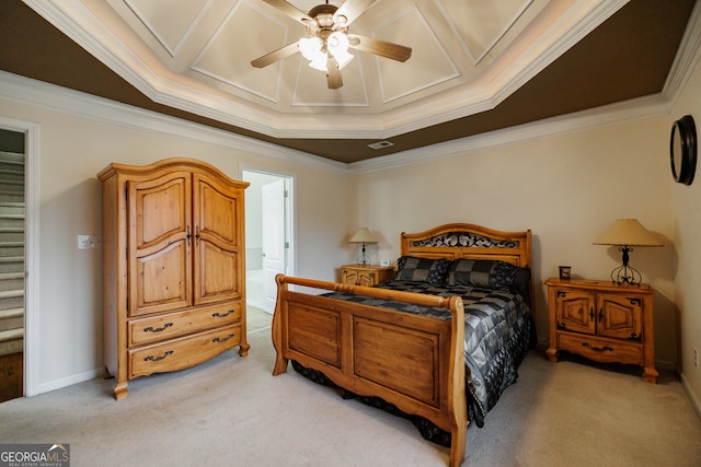 bedroom featuring ceiling fan, light colored carpet, and ornamental molding