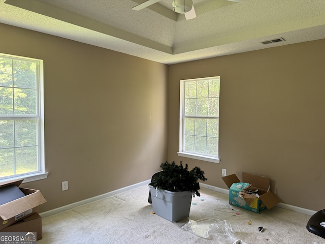 carpeted empty room featuring ceiling fan, plenty of natural light, and a textured ceiling