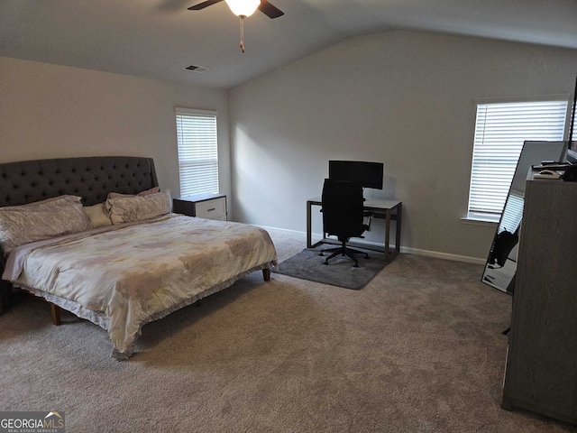 carpeted bedroom with lofted ceiling and ceiling fan