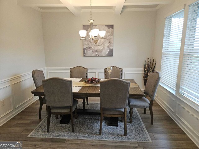 dining area with coffered ceiling, beam ceiling, a notable chandelier, and dark hardwood / wood-style floors