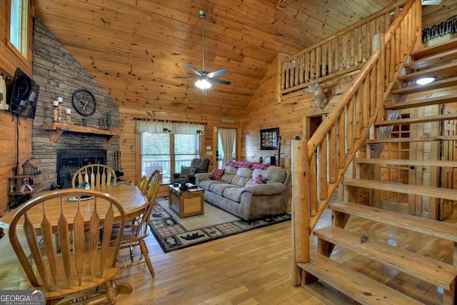 living room with high vaulted ceiling, light wood-type flooring, wooden walls, a stone fireplace, and wood ceiling