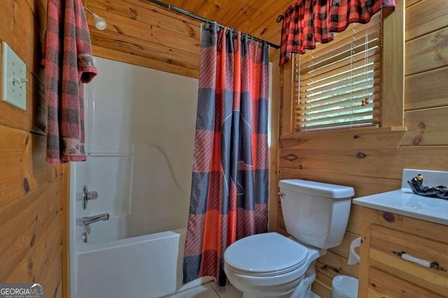 full bathroom with vanity, toilet, shower / bathtub combination with curtain, and wood ceiling