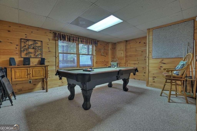 recreation room with wooden walls, light carpet, billiards, and a paneled ceiling