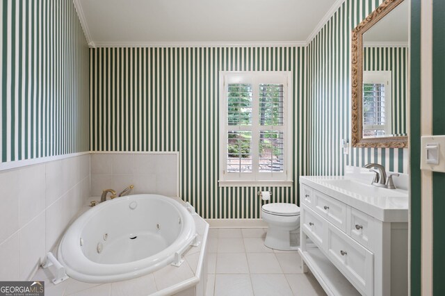 bathroom featuring vanity, crown molding, tile patterned flooring, and toilet