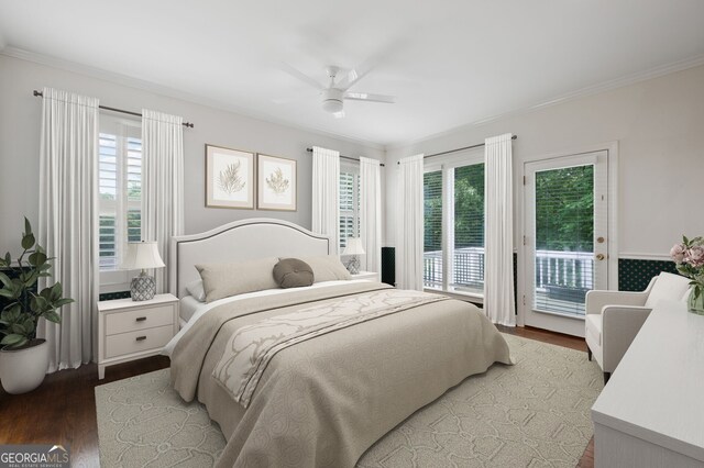 bedroom featuring access to outside, hardwood / wood-style flooring, crown molding, and ceiling fan