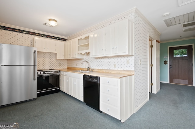 kitchen featuring black dishwasher, electric stove, stainless steel fridge, dark carpet, and crown molding