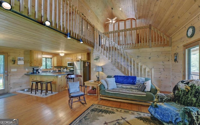 living room with light hardwood / wood-style flooring, a wealth of natural light, and high vaulted ceiling