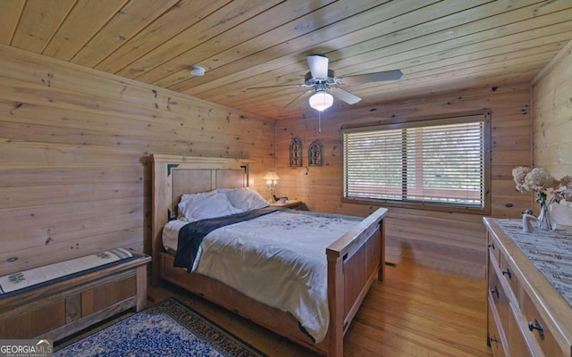 bedroom featuring light hardwood / wood-style floors, wood ceiling, and wood walls