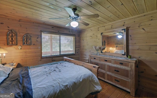 bedroom featuring wooden walls, wooden ceiling, hardwood / wood-style floors, and ceiling fan