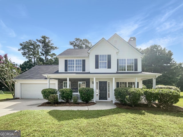 view of front of home featuring a garage, a front yard, and a porch