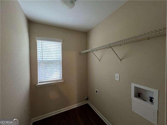 clothes washing area with wood-type flooring, electric dryer hookup, and washer hookup