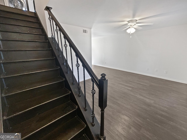 608 Summer Pl, Norcross, GA 30071 - staircase featuring wood finished floors, baseboards, a ceiling fan, and visible vents