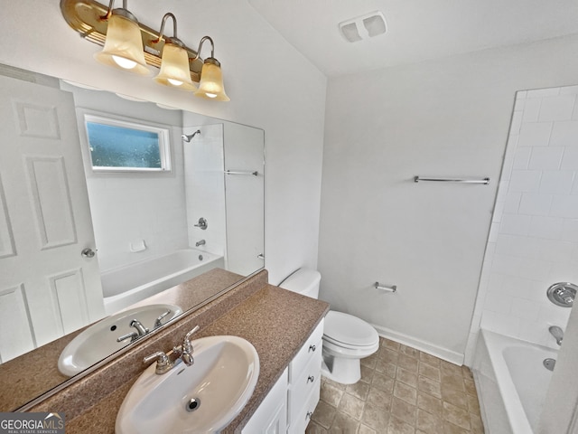 608 Summer Pl, Norcross, GA 30071 - bathroom featuring washtub / shower combination, visible vents, toilet, vanity, and baseboards