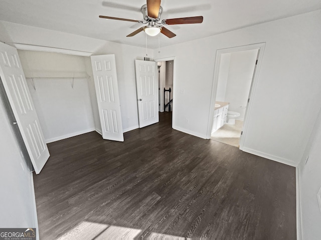 608 Summer Pl, Norcross, GA 30071 - unfurnished bedroom featuring wood finished floors, a closet, connected bathroom, ceiling fan, and baseboards